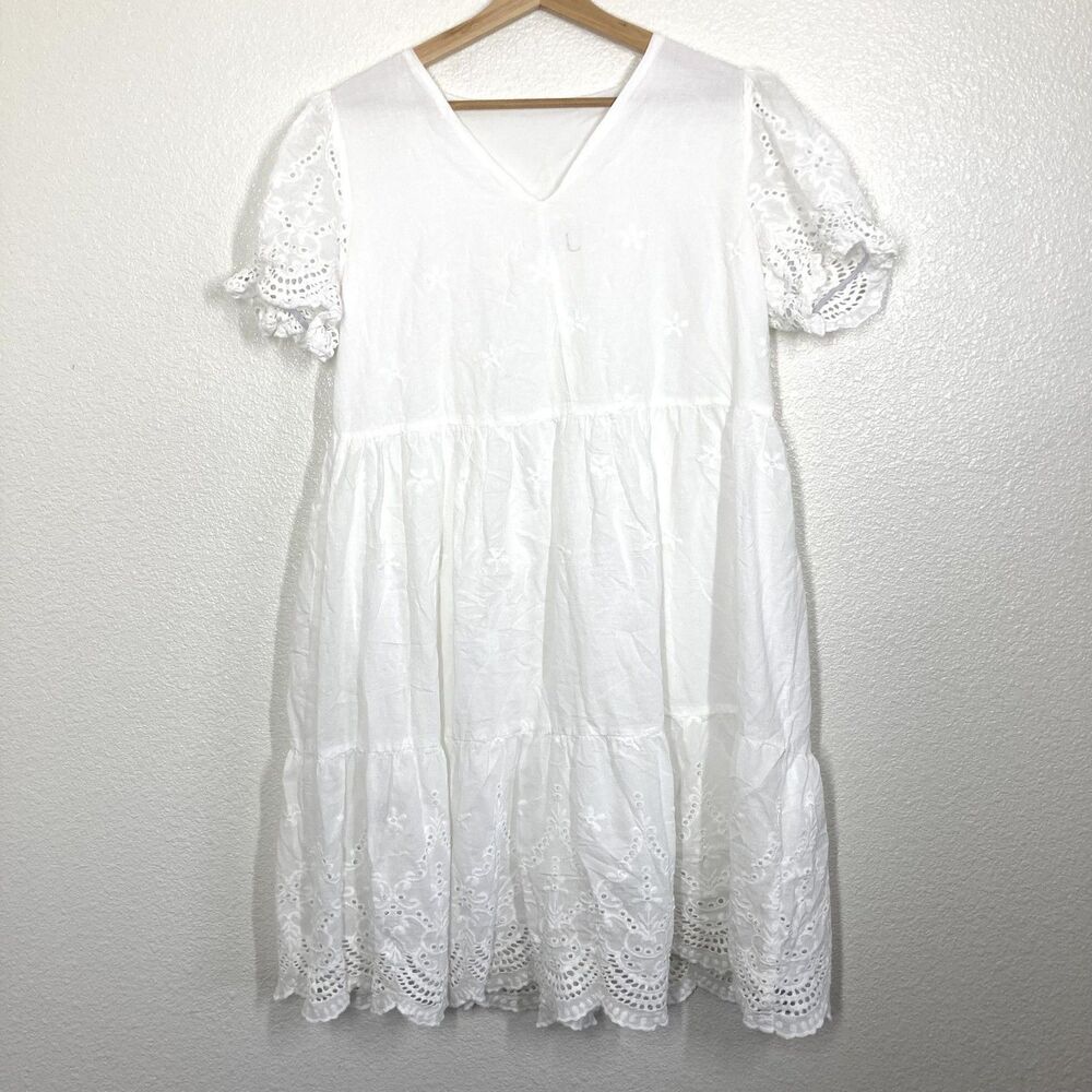 Summer Boho White Floral Dress SHEIN Womens XL  Lace Puff Sleeve V Neck Swing